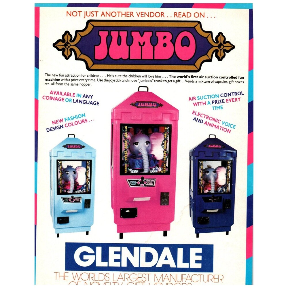 Glendale JUMBO Vending Machine Magazine Ad 1980s Air Suction Elephant Arcade